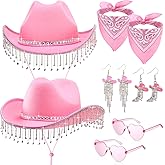 Cutecrop 9 Pcs Pink Rhinestone Cowboy Hat Bling Sparkly Tassel Cowgirl Boots Earrings Paisley Bandana Heart Shape Sunglasses for Women Western Bachelorette Party Disco Halloween Costume