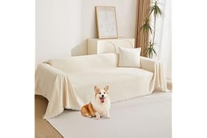 MYSKY HOME Couch Cover for Pets, Beige Couch Covers for 2 Cushion Couch Sofa, Sofa Slipcover Sectional L Shape Chenille Covers for Pets, Throw Couch for Dogs, Kids,71" X118"
