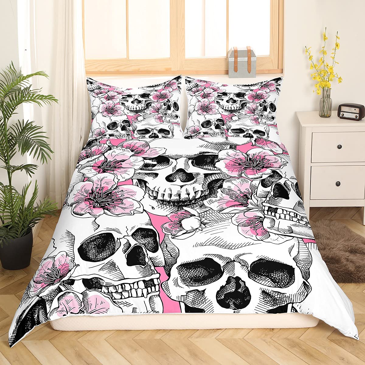 Loussiesd Sugar Skull Duvet Cover Girly Skull Pattern Bedding Set Pink Floral Flowers Comforter Cover for Girls Women Bedroom Decor Skeleton Design Bedspread Cover Double Size With 2 Pillow Case