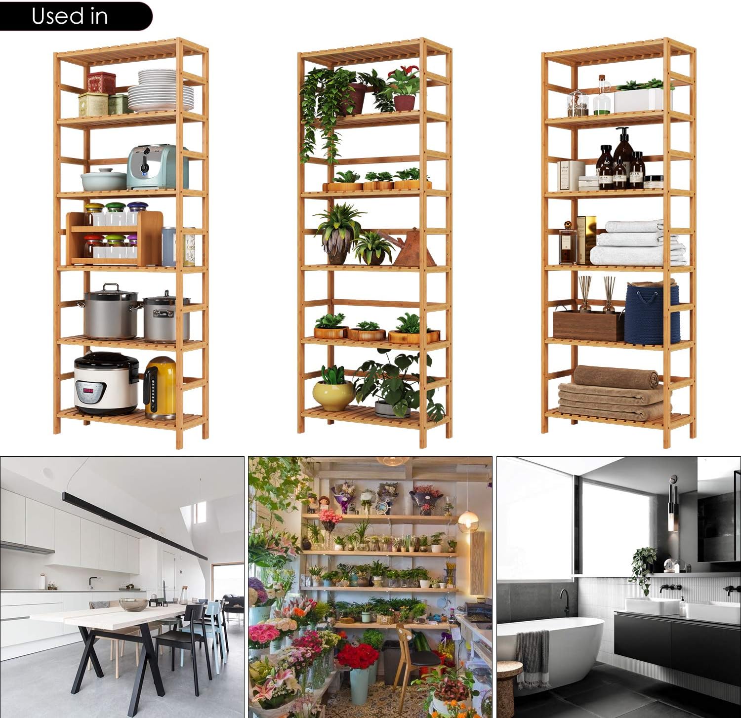 Homfa Bamboo Shelf 6 Tier, 63.4 Inches Height Free Standing Bookshelf Plant Flower Stand Rack Bathroom Storage Tower, Multipurpose Utility Organizer Shelf 100% Nature: Kitchen & Dining