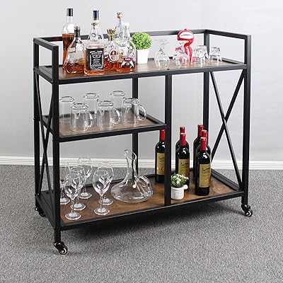 Buy Mkgoolif Industrial Kitchen Islands Carts Bar Serving Cart With Wine Rack Wine Carts With Wheels For Kitchen Metal Serving Cart And Kitchen Storage Cart With 3 Shelves Brown Online In Indonesia B08qrggdf4