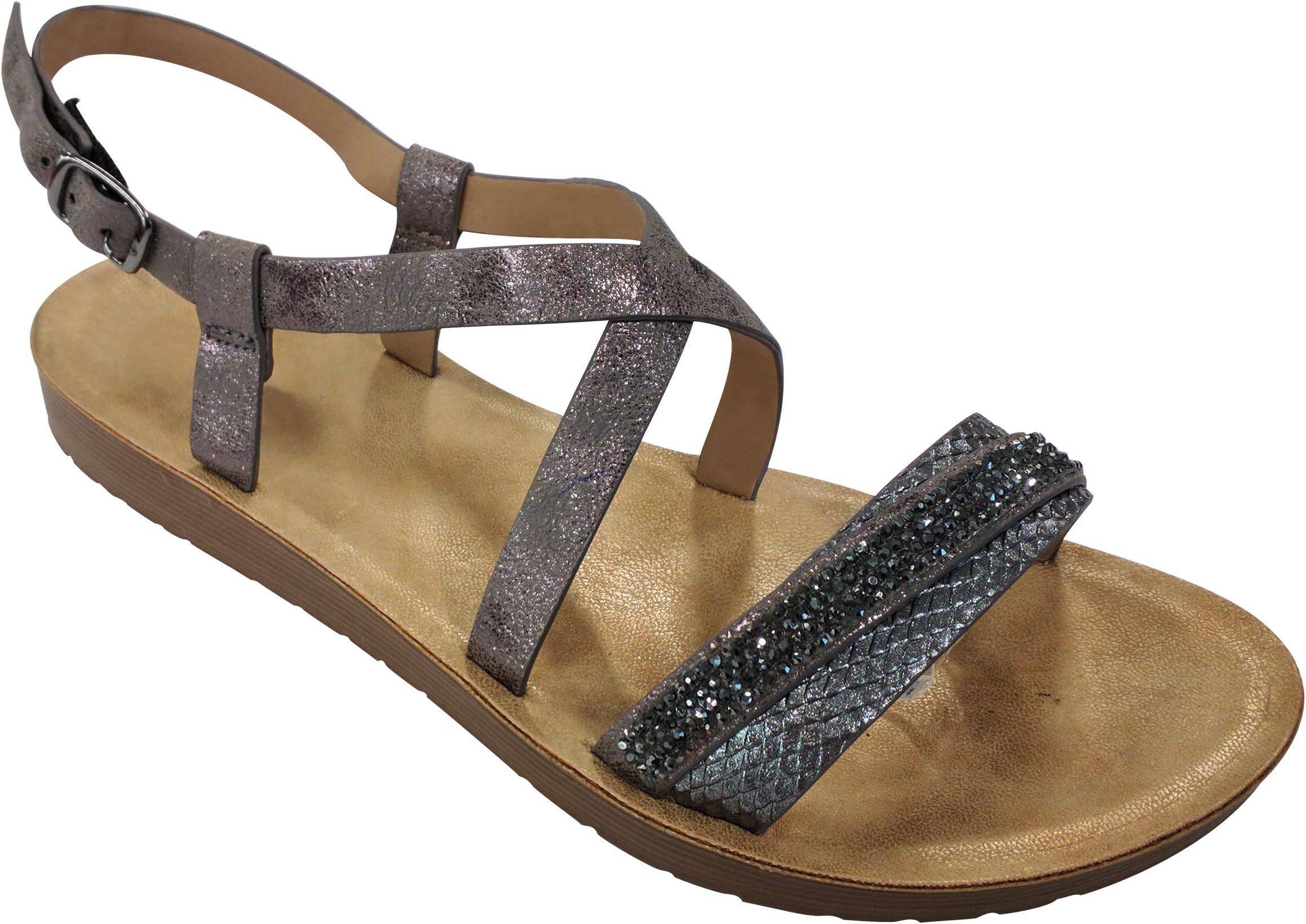 Christmas Time Olivia Bedazzled Flat Heel Ladies Walking Sandals with Buckle for Women (Assorted Colors)