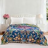 BRYALIX 100% Cotton Boho Floral Throw Blanket, Navy Blue with Birds Pattern, Lightweight Muslin Quilt, Decorative Reversible Jacquard Fringed Farmhouse Blanket for Home, Picnic, Travel, 60"x80"