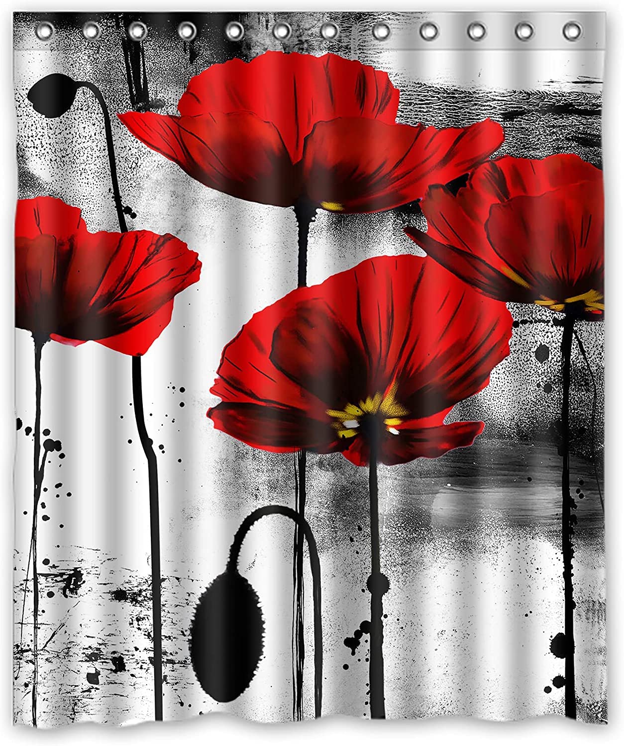 Beautiful Ink Painting Red Corn Poppy Flowers and Black Ink Stem Shower Curtain, Waterproof Polyester Fabric Bath Curtain with Hooks for Bathroom Decor, 180 x 180 cm