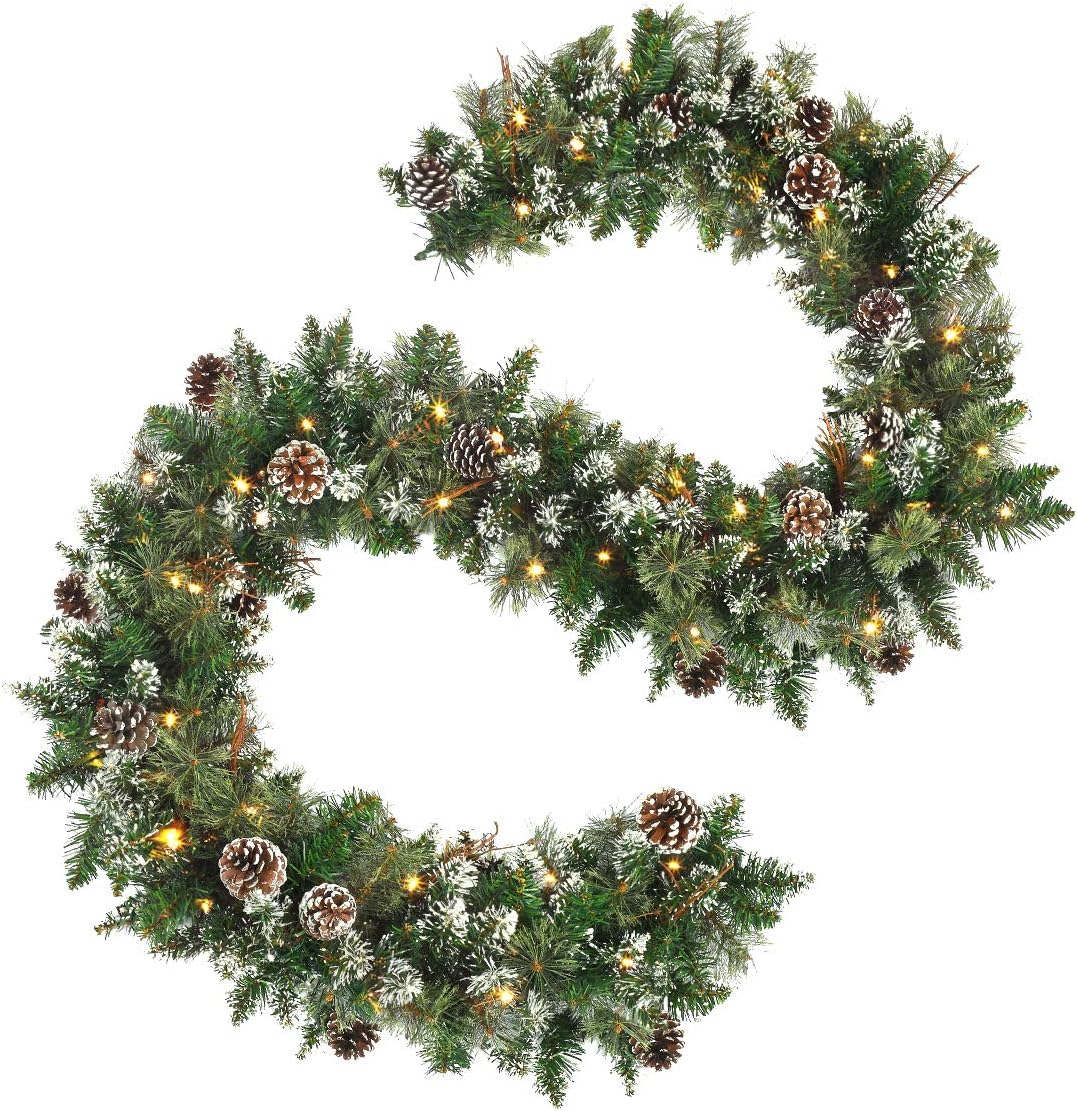 Wreaths, Garlands & Swags - OasisCraft 9 FT Prelit Christmas Garland with Pine Cones, Artificial Snowy Pine Garland for Christmas 50 LED Battery Operated Warm Lights and Timer Xmas Garlands Decor Indoor Outdoor