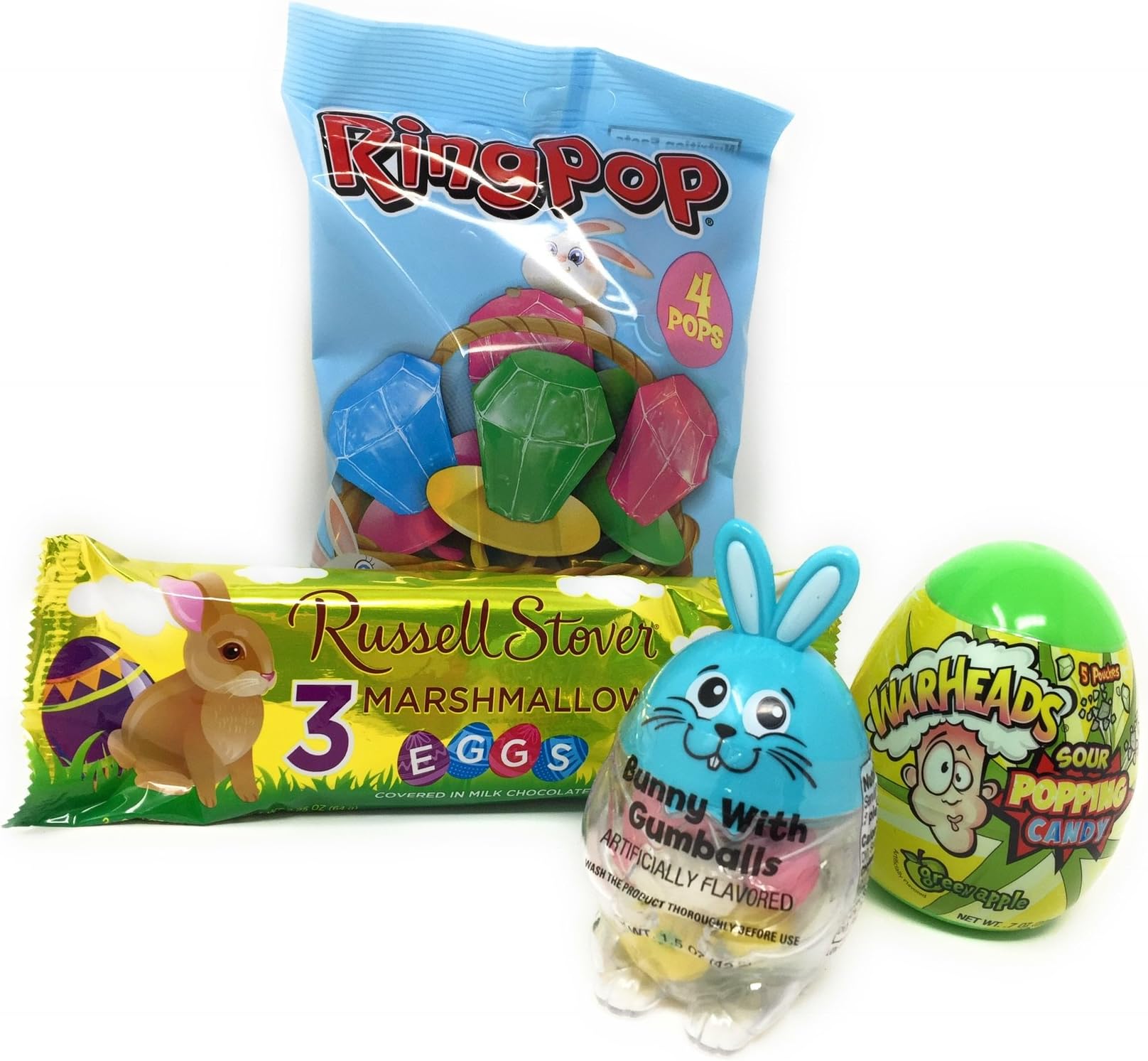 Easter Candy Bundle With Ring Pops, Sour Warheads Egg, Bubble Gum Egg in Easter Bunny Shape and Chocolate Covered Marshmallow Eggs