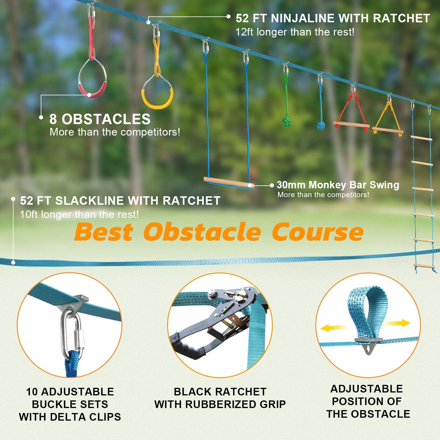 Ninja Warrior Obstacle Course Kit for Kids 37 PCS 52' Ninja Line Slackline Hanging Monkey Bars Fists Gym Rings Swing Rope Ladder Portable Outdoor Ninja Course Training Equipment Set for Backyard: Toys & Games