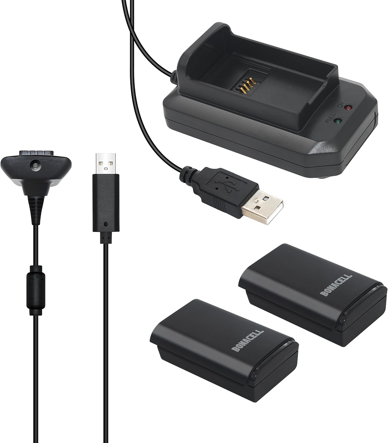 Bonacell 2 Pack Rechargeable Ni-MH 2200mAh Controller Replacement Battery and Charging Kit for Xbox 360 Controller