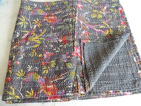Sovereigns Cotton Hand Made Bird Print Kantha Quilt Blanket, Bed Cover, Bedspread, Bohemian 90x108Inches (Multicolour, SOV-0481)