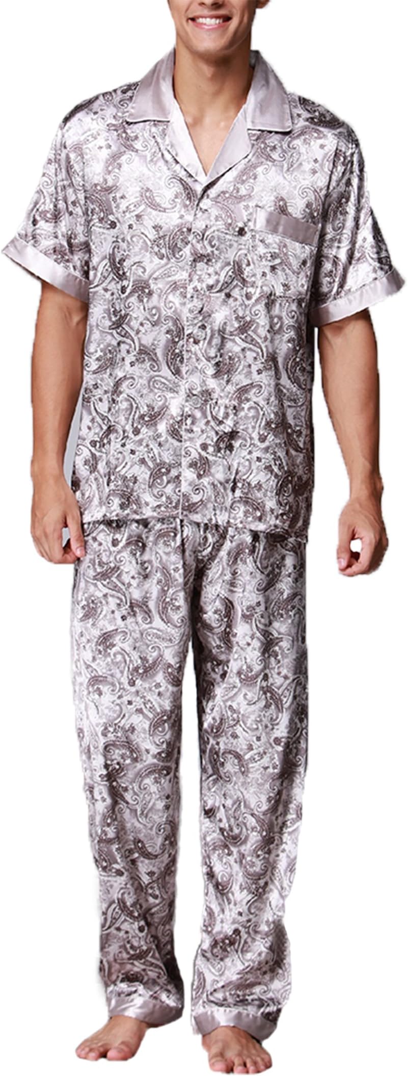 Musen Men Sleepwear Silk Pajama Set Pajama Shirt and Pant Satin Loungewear Light Grey XL