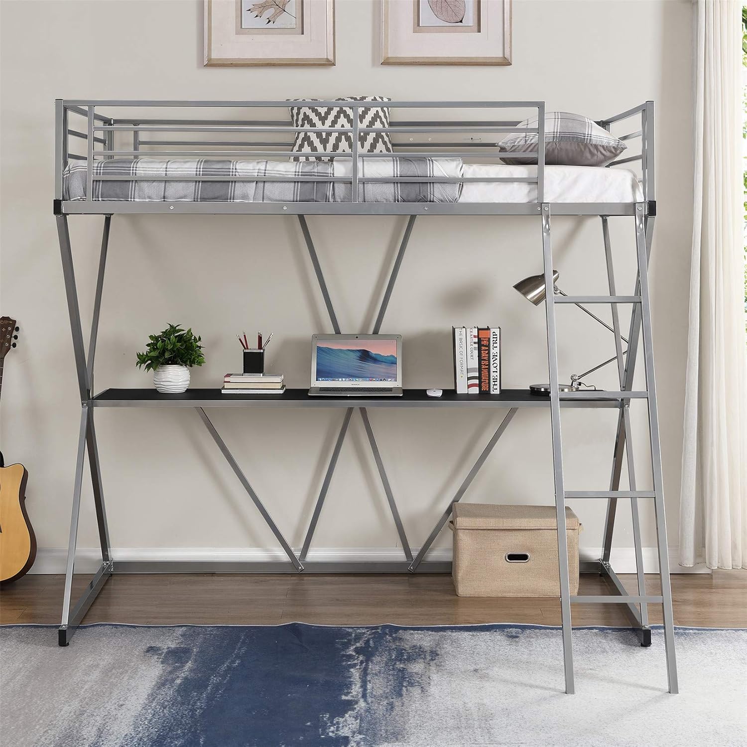 Metal Loft Bed with Desk, Twin Loft Bed Frame for Kids