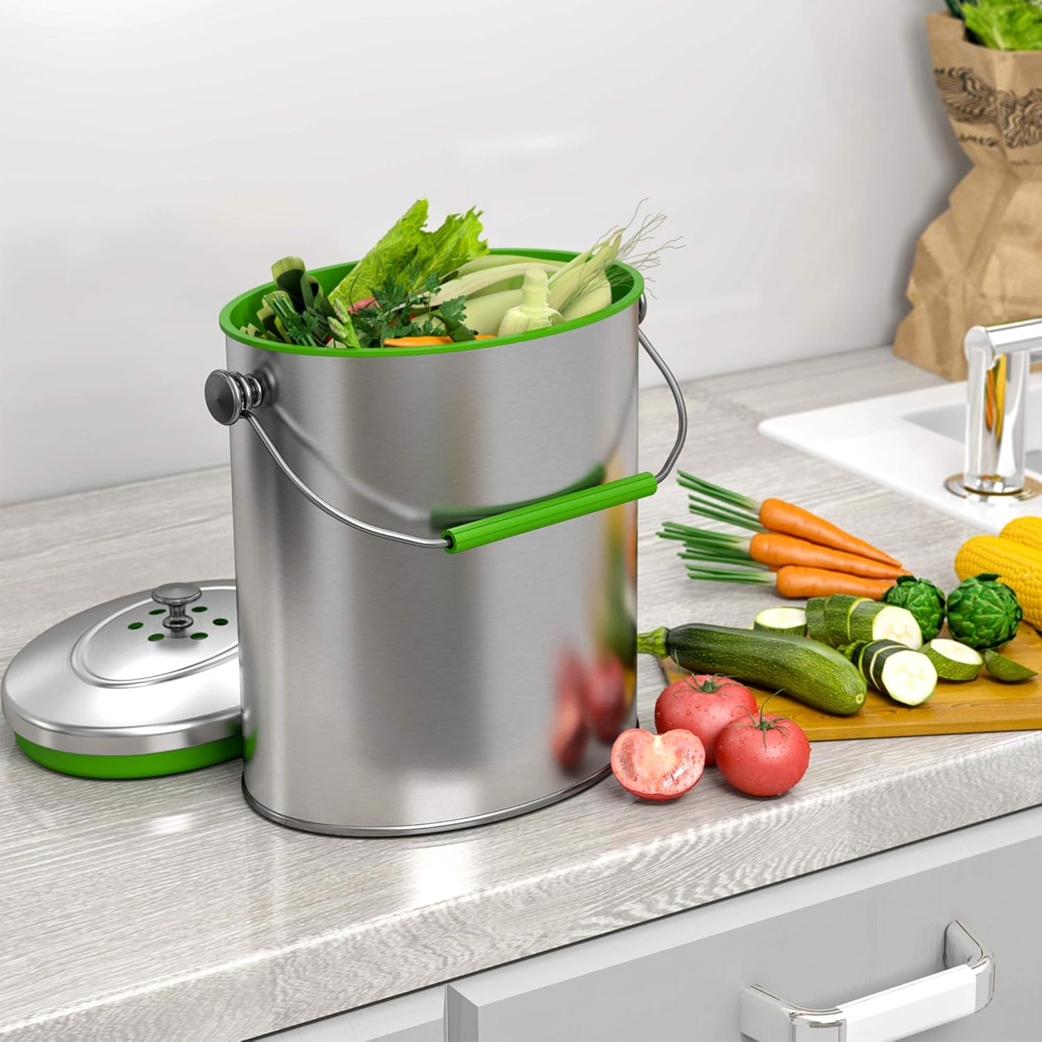 iTouchless Titanium 1.6 Gallon / 6 Liter Stainless Steel Compost Bin with AbsorbX Odor Filter System, Pest-Proof, Rust-Free Oval Shape Space Saving Kitchen Countertop Trash Can: Home & Kitchen
