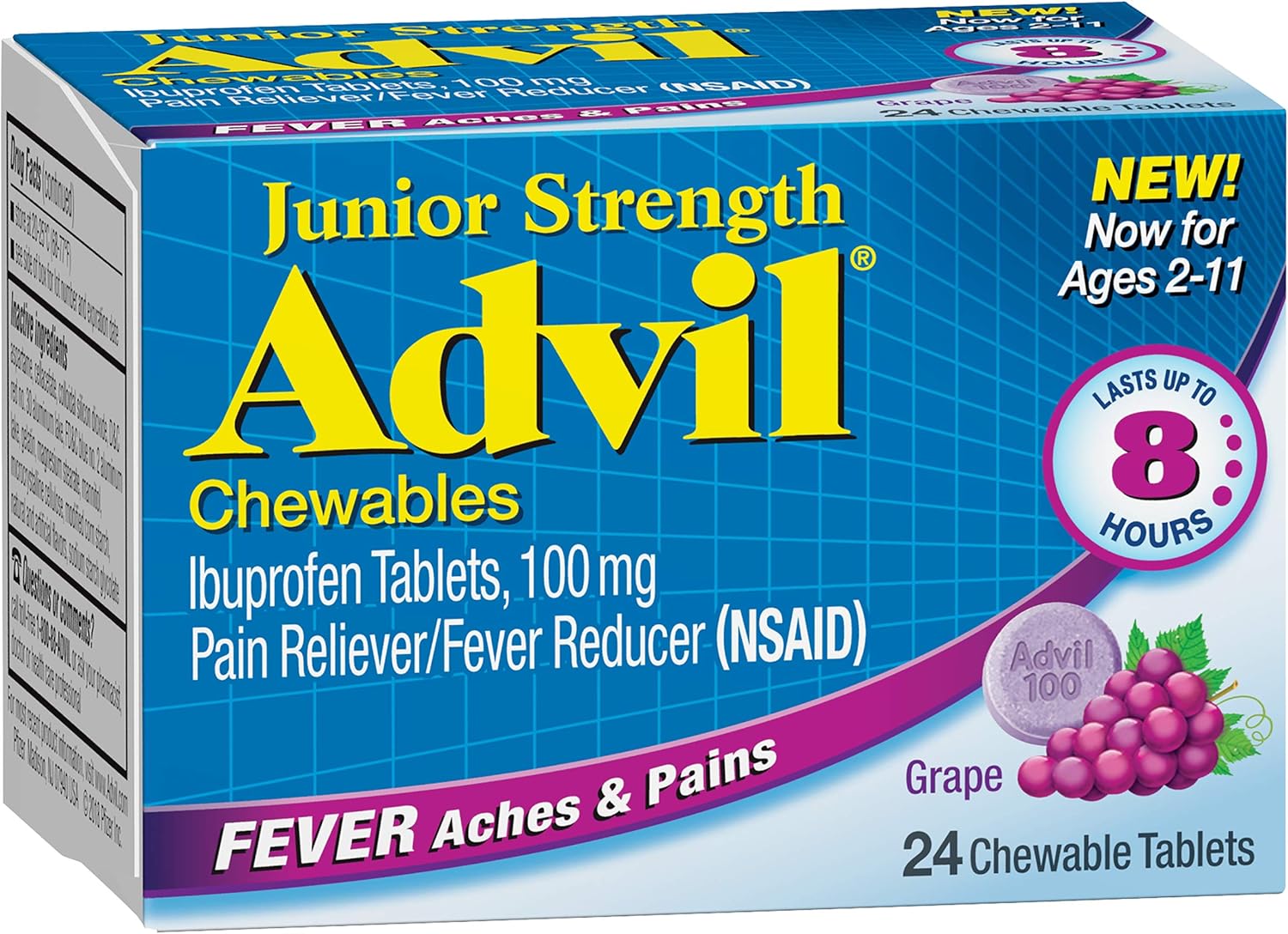 Advil Junior Strength Chewables (24 Tablets, Grape Flavor), 100mg Ibuprofen, Fever Reducer/Pain Reducer, Ages 2–11, Pack of 2: Health & Personal Care