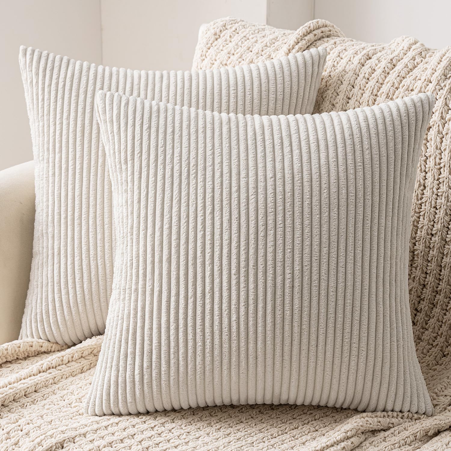 MIULEE Set of 2 Striped Corduroy Square Throw Pillow Case Soft Cushion Cover Sham Home for Sofa Chair Couch/Bedroom Decorative Fluffy Pillowcases 26x26 Inch 65x65cm Cream White