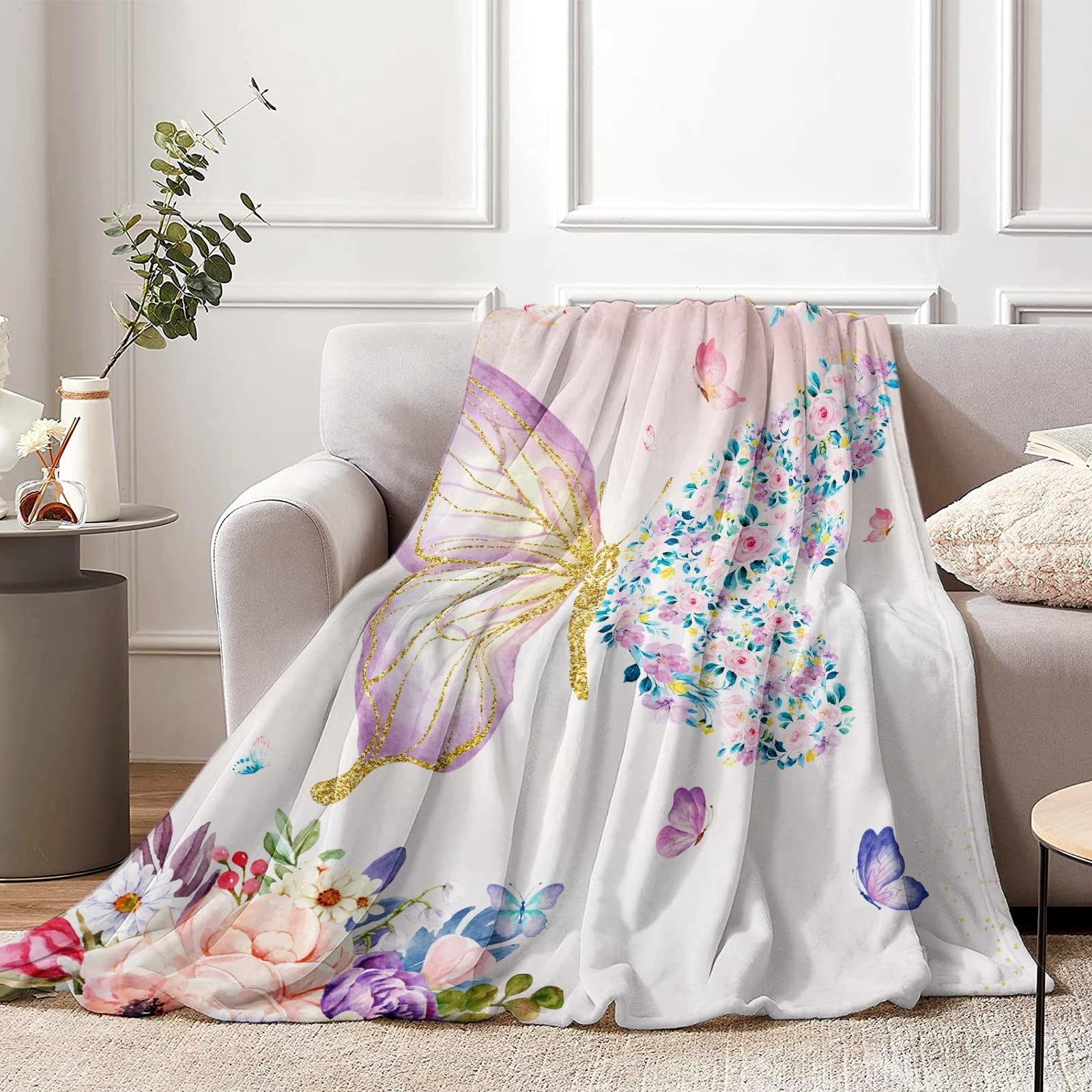 Butterfly Flowers Blanket - Soft Watercolor Floral Plush Flannel Throw for Girls & Women, Pink & Purple, 130 x 150 cm