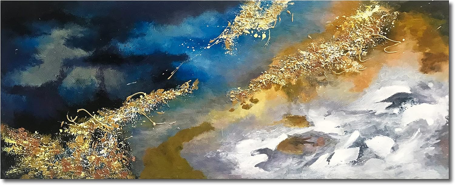 Paintings - NANKAI Blue Contemporary Abstract Wall Art Large Hand-Painted Oil Painting Gold Canvas Painting Living Room Corridor and Restaurant Wall Decoration 24x60 inch