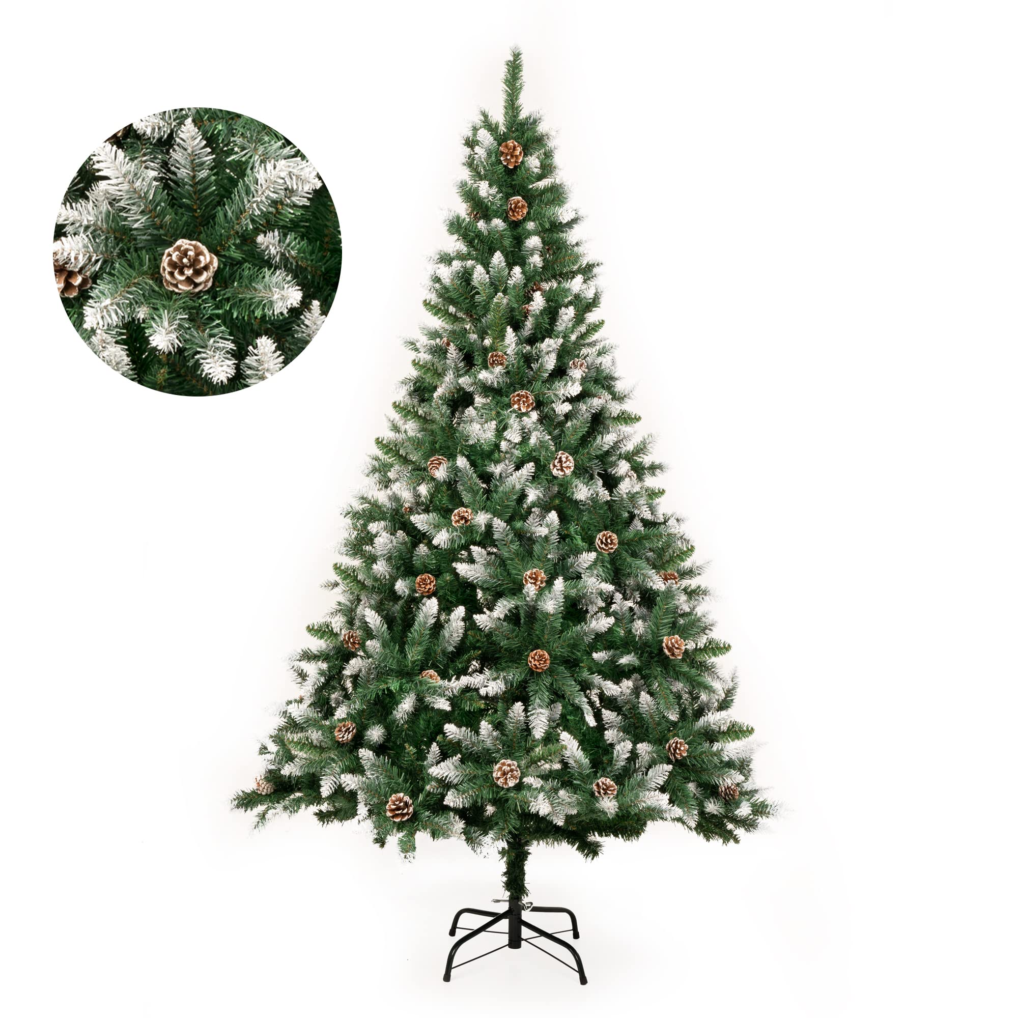 GIGALUMI 180cm/6ft Fold-Out Artificial Christmas Tree Retractable Xmas Tree with snow and real pine cones Indoor Decoration Pine Tree