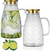 Buaic Glass Pitcher with Lid and Handle, 2 PACK 68 oz/2 Liter Vintage Flower Design Fridge Water Pitcher, Borosilicate Glass Water Carafe for Hot/Cold Water,Coffee,Iced Sun Tea,Heat Resistant