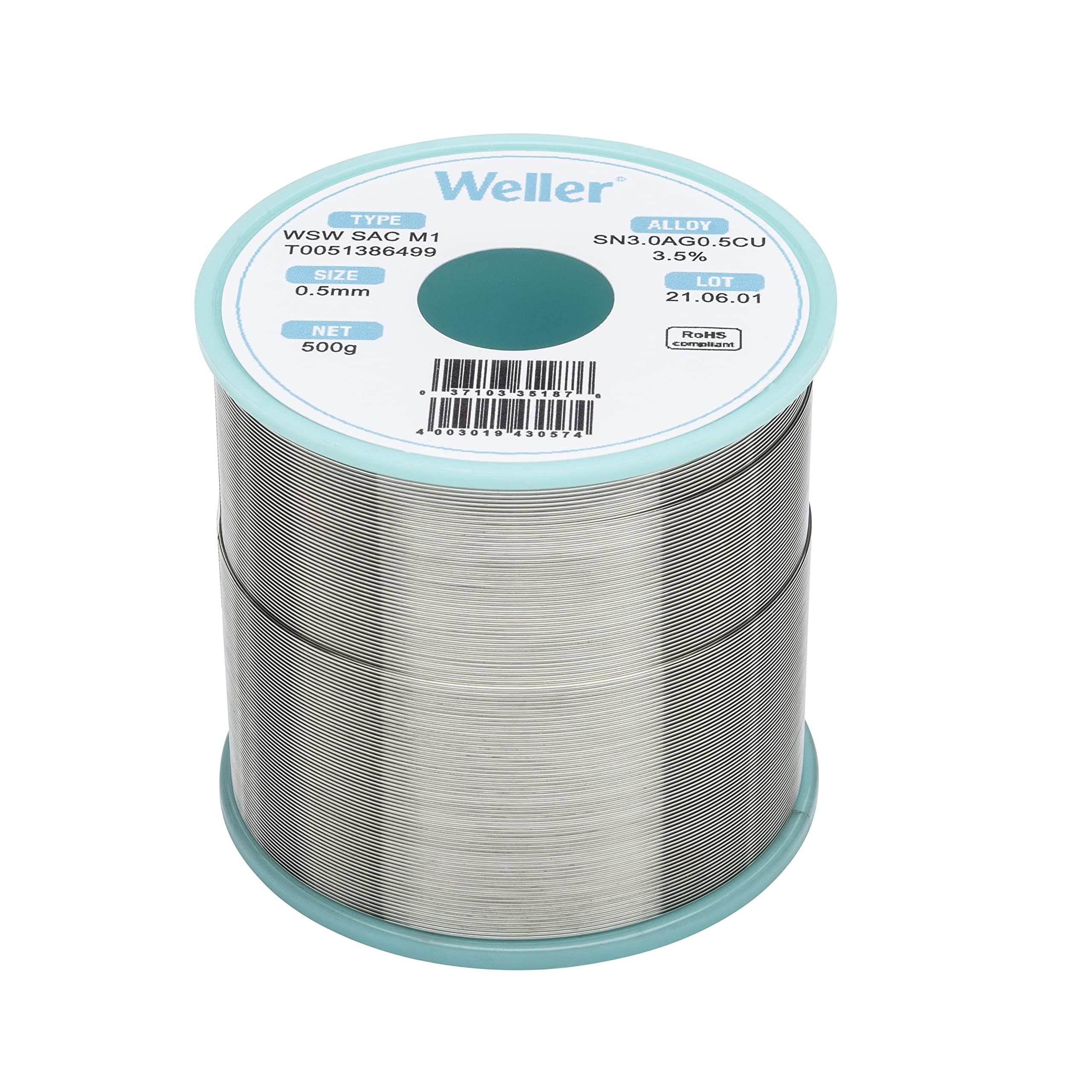 Weller WSW SAC M1 (T0051386499) Lead Free Solder Wire, Ø 0.5mm, Alloy Sn96.5Ag3.0Cu0.5, Flux content 3.5%, 500g