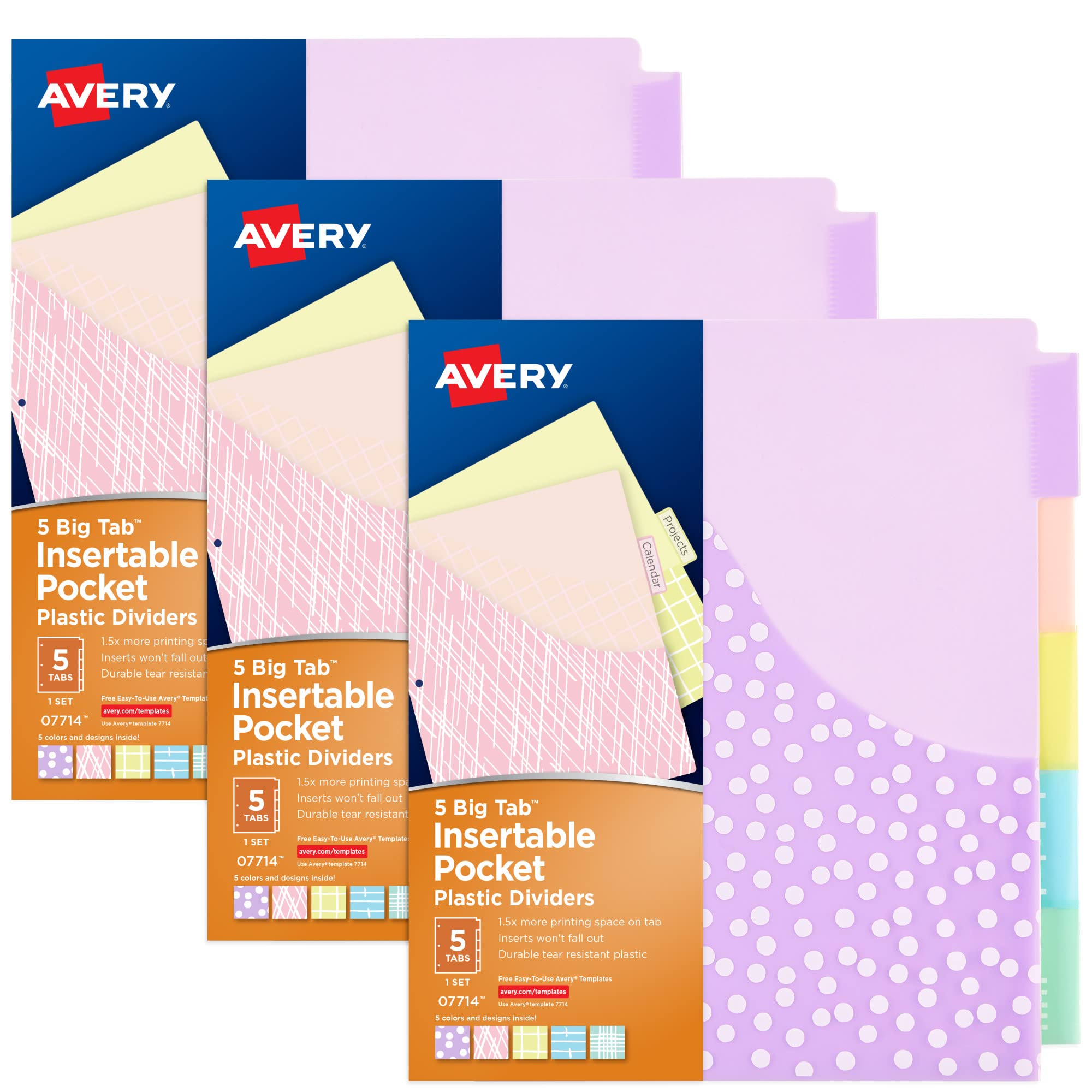 Avery Dividers for 3 Ring Binders, 5 Tab Plastic Binder Dividers, Pockets, Insertable Big Tabs, Pastel Classic Designs, Extend Beyond Sheet Protectors, (11255) (Pack of 24) Image