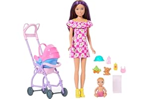 Ensemble de jeu Barbie Skipper Babysitters Inc. avec poupée brune, poupée blonde, poussette avec siège auto amovible et 7 acc