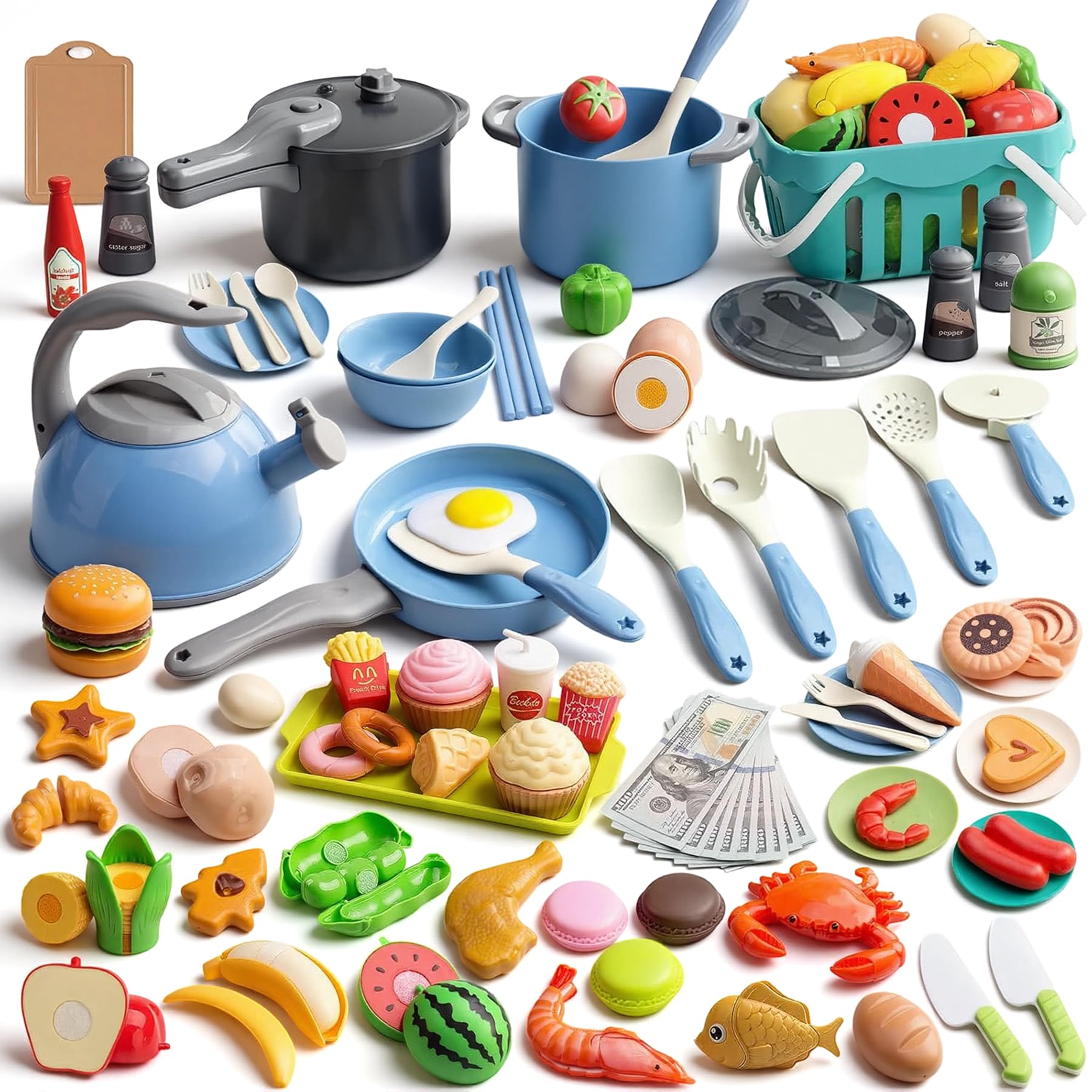 Photo 1 of 130Pcs Kitchen Playset, Toddler Pretend Cooking Play Pots, Pans, Utensils Cookware, Daily Food Fruit Veges, Shopping Storage Basket, Dessert, Prop Money, Learning Gift for Child (Blue)
