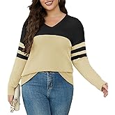 Womens Plus Size V Neck Sweaters Knit Long Sleeve Color Block Lightweight Warm Sweatshirt Pullover Tops Fall Winter Sweater