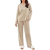 Ekouaer Womens Ribbed Knit Lounge Set Long Sleeve Henley Neck Top and Long Pants Two Piece Soft Sleepwear Matching Outfits