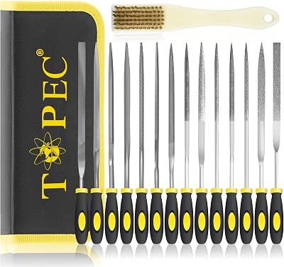 Topec 15PCS Small File Set: Needle Diamond & Steel Files with Brush & Bag