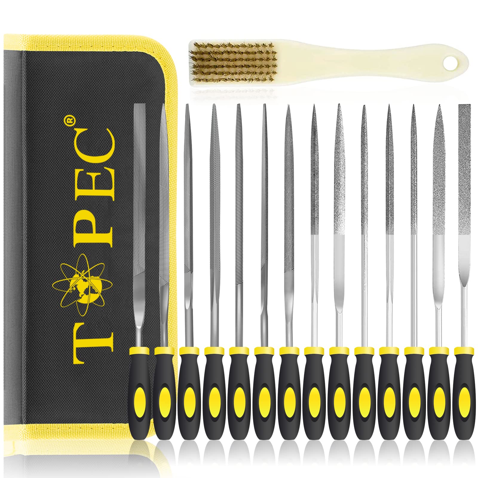Topec 15PCS Small File Set, Needle Diamond Files, Jewlers Files & Steel Files with Metal Brush and Storage Bag, for Precision Metal File Work, Wood, Jewelry, DIY Carving Tool