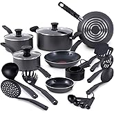T-fal Initiatives Nonstick Cookware Set 18 Piece, Oven Broiler Safe 350F, Kitchen Cooking Set w/Fry Pans, Saucepans, Stockpots, Skillet, Spoons, Lids Pots and Pans Set, Dishwasher Safe, Stone Grey
