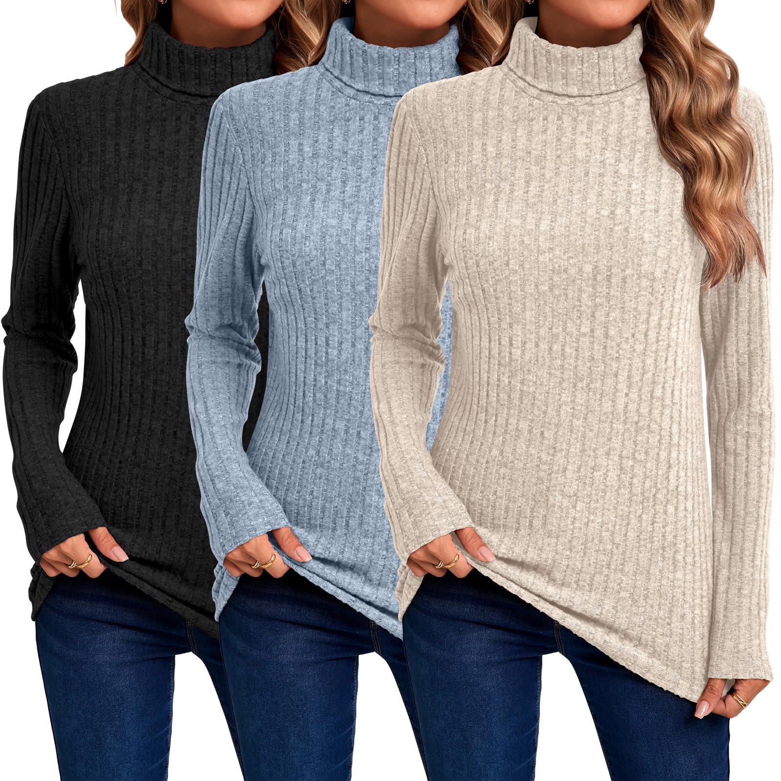 Ekouaer Damesshirt met lange mouwen 1/3-pack Dun onderhemd Laag T-shirt Sexy Thermo Shirt Slim Fit Basic Top XS-XXL, XS