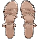 OYOANGLE Women's Rhinestone Strappy Open Toe Slide Sandals Slip on Casual Flat Sandals