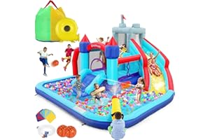 ROOJER Inflatable Bounce House Water Slide for Kids 10-in-1 Blow Up Water Park with Blower, 2 Sprinkler Water Slides, Climbing Wall, Cannon, Splash Pool, Football, Basketball Hoop Backyard Party Gifts