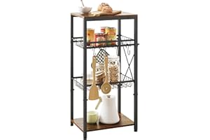 Gewudraw Kitchen Bakers Rack, Kitchen Storage Shelf with Pullout Wire Basket & 4 Side Hooks, Coffee Bar Station with Wine Rack - Rustic Brown, Perfect for Organizing Your Kitchen Essentials