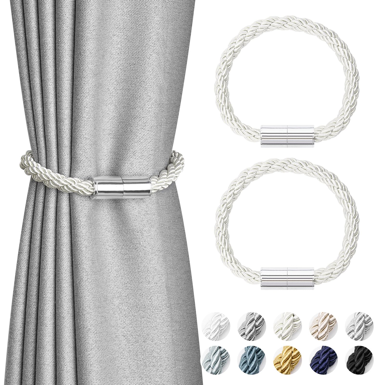 Pretty Jolly 2 Pack Mini Magnetic Curtain Tiebacks Modern Simple Style Drape Tie Backs Elegant Decorative Weave Rope Curtain Holdbacks for Home & Office Thin Window Draperies (Creamy-white)