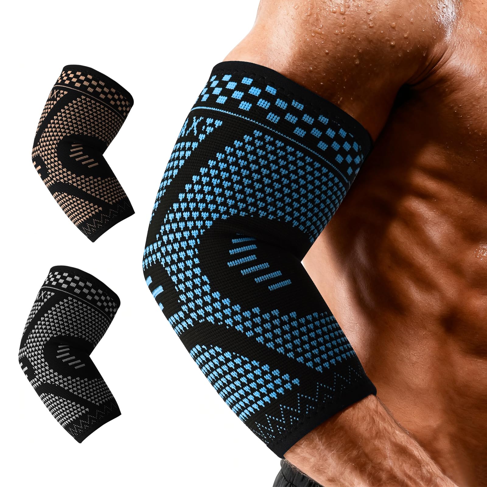 Photo 1 of INDEEMAX Copper Elbow Compression Sleeve, 2 Pack Elbow Brace for Tendonitis and Tennis Elbow for Women & Men, Elbow Sleeve for Golfers, Joint Pain Relief, Arthritis, Bursitis, Workout, Weightlifting (Blue Black, Medium)