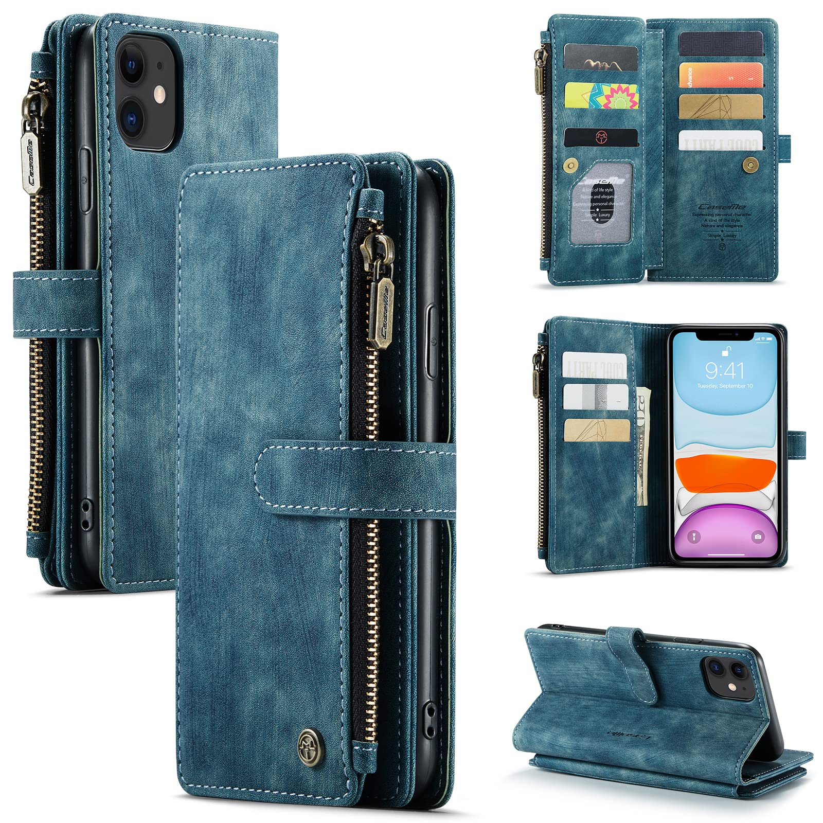 UFinetech Case for iPhone 11, Shockproof Card Holder Wallet Cover iPhone 11 (6.1”), Anti-scratch Flip Folio Magnetic Closure Built-in Kickstand Leather Soft TPU Slim Personalised Camera Protector,Blue