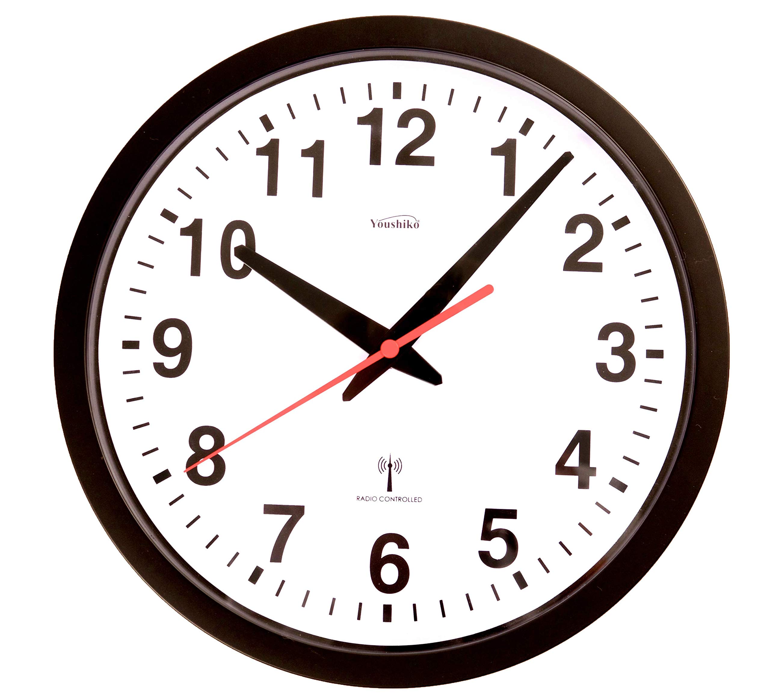 Youshiko Radio Controlled Wall Clock (Official UK & Ireland Version), Stylish Black & White Bold Classic Design (25cm / 10-Inch Diameter), Home/Kitchen/Office/School Clock, Easy to Read