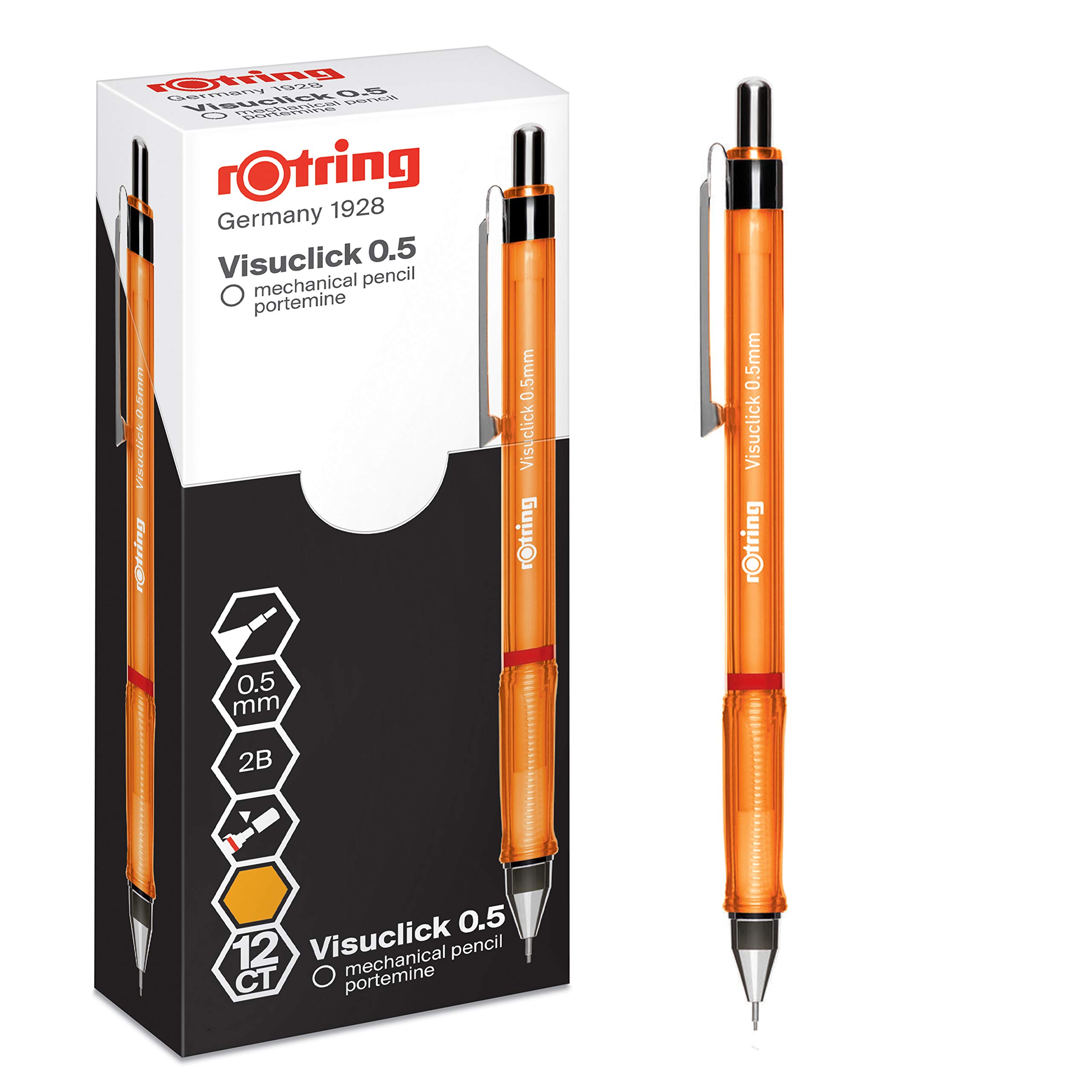 rOtring Visuclick Mechanical Pencil | 0.5 mm | 2B Lead | Lively Orange Barrel | 12 Count