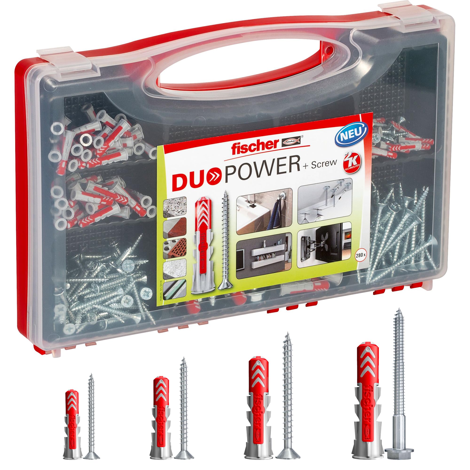 Fischer Redbox DuoPower 536091 with Screw 140x Dowels + 140x Screws, for Fixing on Solid Wall, Perforated Brick, Plasterboard and Cellular Concrete