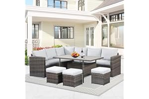 Solaste 7 Piece Patio Furniture Set, All Weather Wicker Patio Conversation Sets with Cushion Seat & Pillows, Outdoor Dining Set, Patio Furniture Outdoor Sectional, Grey