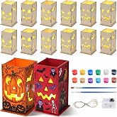 DoubleFill 12 Set Halloween Wood Lantern Craft Kit with Paint LED Lights | Wooden Lanterns with 6 Pumpkin Faces, Colorful Paints and Brushes Included, Warm LED Strings, DIY Party Decoration