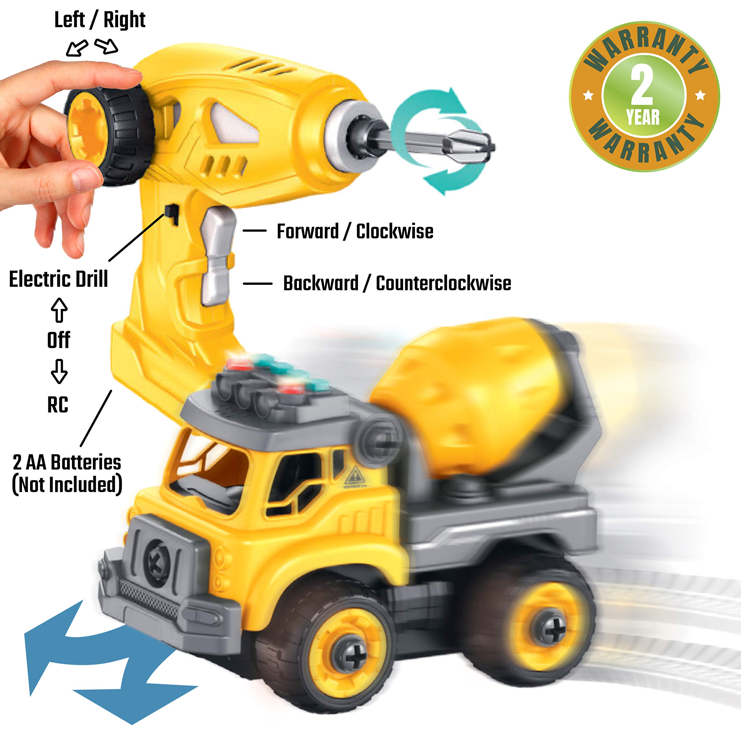 4-in-1 Take Apart Construction Toys for Kids, 36Pcs RC Car Trucks w/Electric 360° Drill Remote Control, DIY STEM Vehicle Building Toy, Sounds, Lights, Rechargeable, 3 4 5 6 7 Year Old Boys, Girls