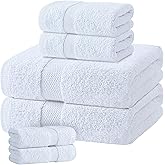 White Bath Towel Set of 6 - 100% Cotton Highly Absorbent Towels for Bathroom, 2 Luxury Bath Towels 650GSM, 2 Hand Towels, 2 Washcloths