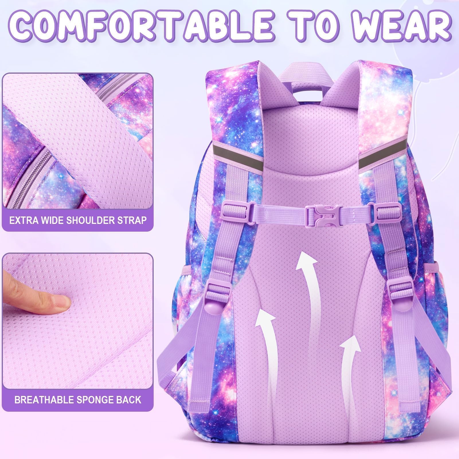 Fimibuke Kids Backpack for School Girls, 3Pcs Waterproof Girls Backpack with Lunch Box & Pencil Pouch - Lightweight Bookbag for Elementary Middle School Student Teens Ages 6+ Purple