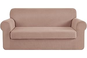 CHUN YI Stretch Loveseat Sofa Slipcover 2 Piece Sofa Cover, 2 Seater Couch Slipcover Coat Soft Washable Furniture Covers with Elastic Bottom, Checks Spandex Jacquard Fabric, Medium, Camel