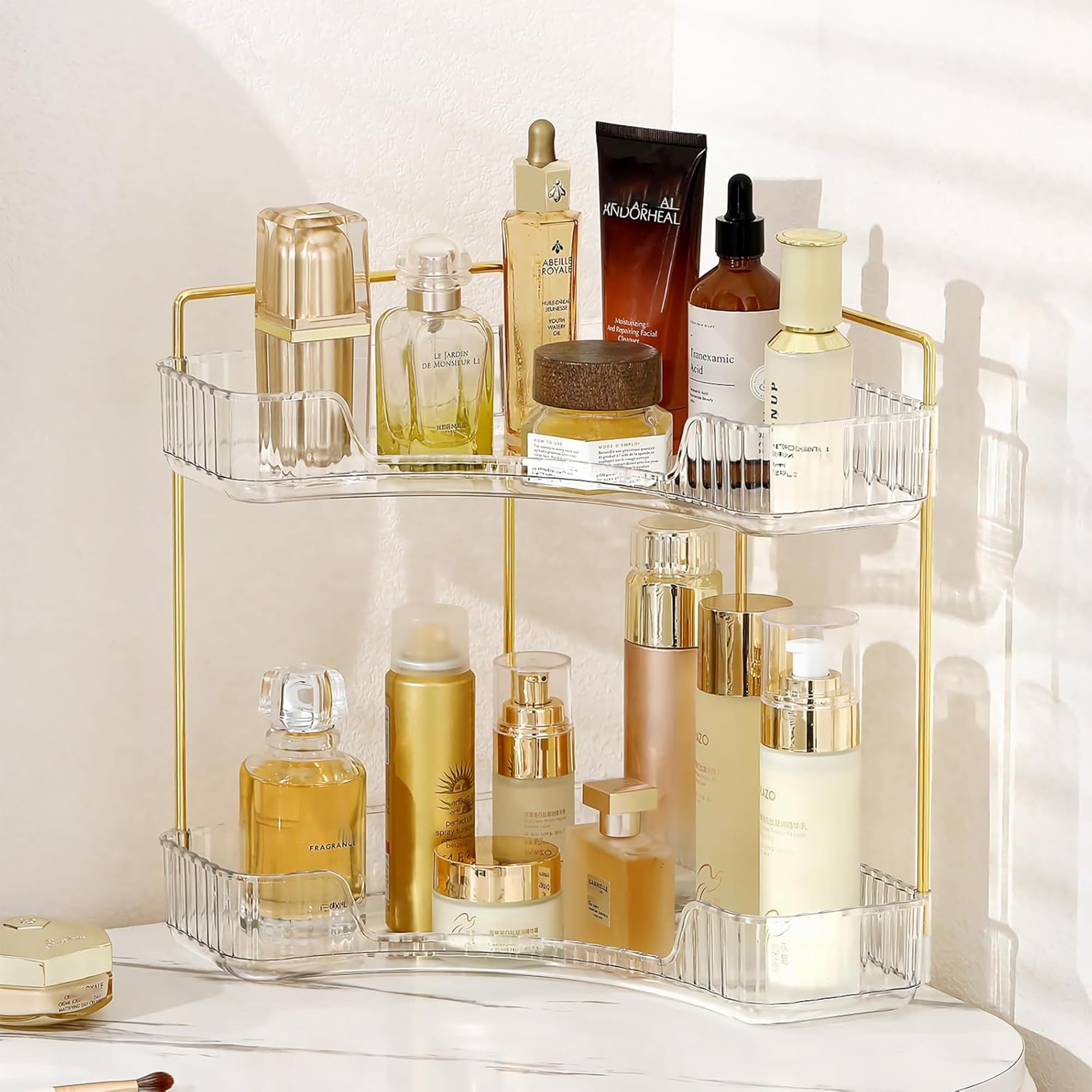 Photo 1 of INVSSENE Corner Bathroom Countertop Organizer, Vanity Trays for Counter, Makeup Organizers, Perfume Tray, Kitchen Spice Rack, (Clear, 2 Tiers)