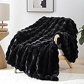 Smoofy Faux Fur Throw Blanket for Couch – Black Fluffy Cozy Rabbit Fleece, Plush Soft Bubble Blanket for Sofa & Bed, for Mom, Warm Fuzzy Home Room Decor Throw 60" x 80"