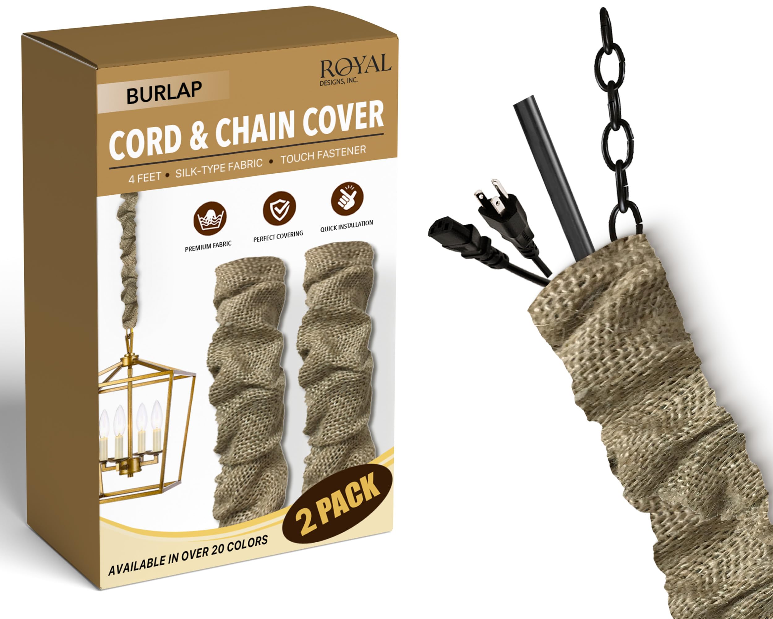 Royal Designs, Inc. Cord & Chain Cover 4 ft Silk Type Fabric, Chandelier Pendant Lighting Chain & Cable Management, Touch Fastener, Burlap - 2 Pack